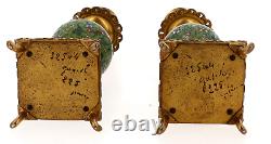 2 Bougeoirs Bronze + Emaux Cloisonnes 19eme F Barbedienne Signe Et Numerote