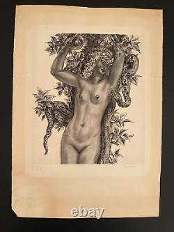 Albert Décaris grande gravure rare signée & numérotée nu féminin curiosa Eve