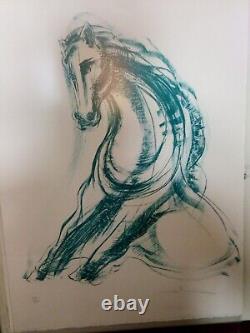 Bronze et la lithographie de Bernard JOBIN (né en 1945)-Cheval, patine turquoise