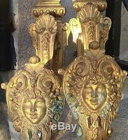 Grande paire embrases de rideaux en bronze dore, numerote, signe, holders, XIXeme