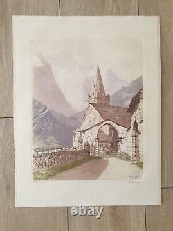 Gravure orig Drevet Joanny Drevet Lyonnais sign/n° Eglise de La Grave Alpes 1953