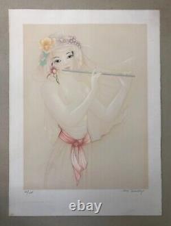 Lithographie ancienne signée Mara Tran-long, Numérotée, Femme à la flute, XXe
