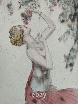 Nelly Degouy rare gravure pointe sèche Art Déco jeune femme & fleurs années 1920