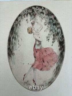 Nelly Degouy rare gravure pointe sèche Art Déco jeune femme & fleurs années 1920