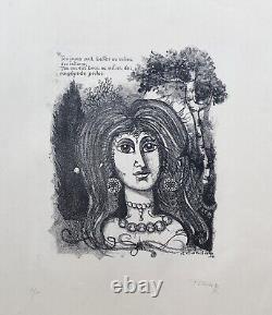 PAVEL CANDA Lithographie Portrait Femme Bijoux Perles 1970 Juif Tchèque Judaïca