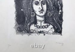 PAVEL CANDA Lithographie Portrait Femme Bijoux Perles 1970 Juif Tchèque Judaïca